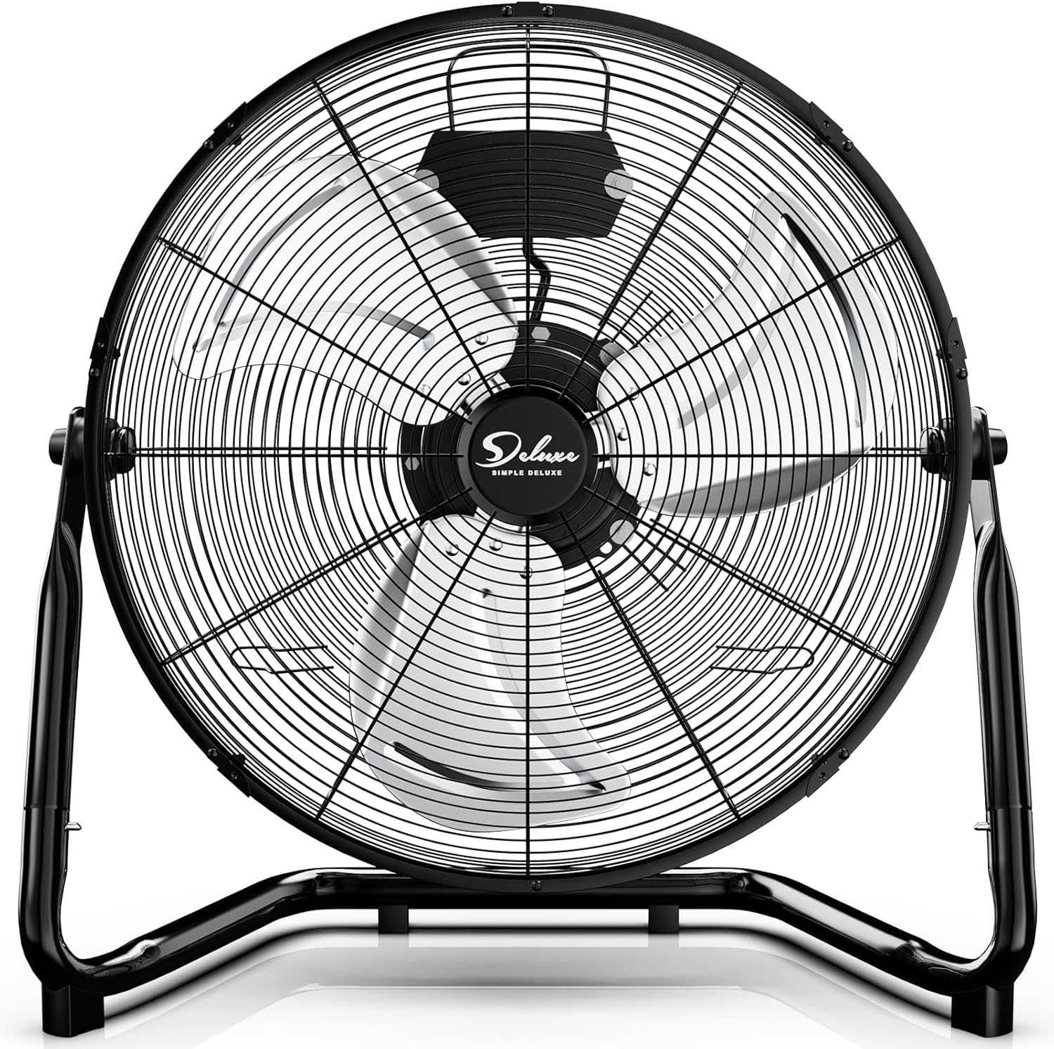 Simple Deluxe 20 Inch High Velocity Floor Fan operating in a home workshop