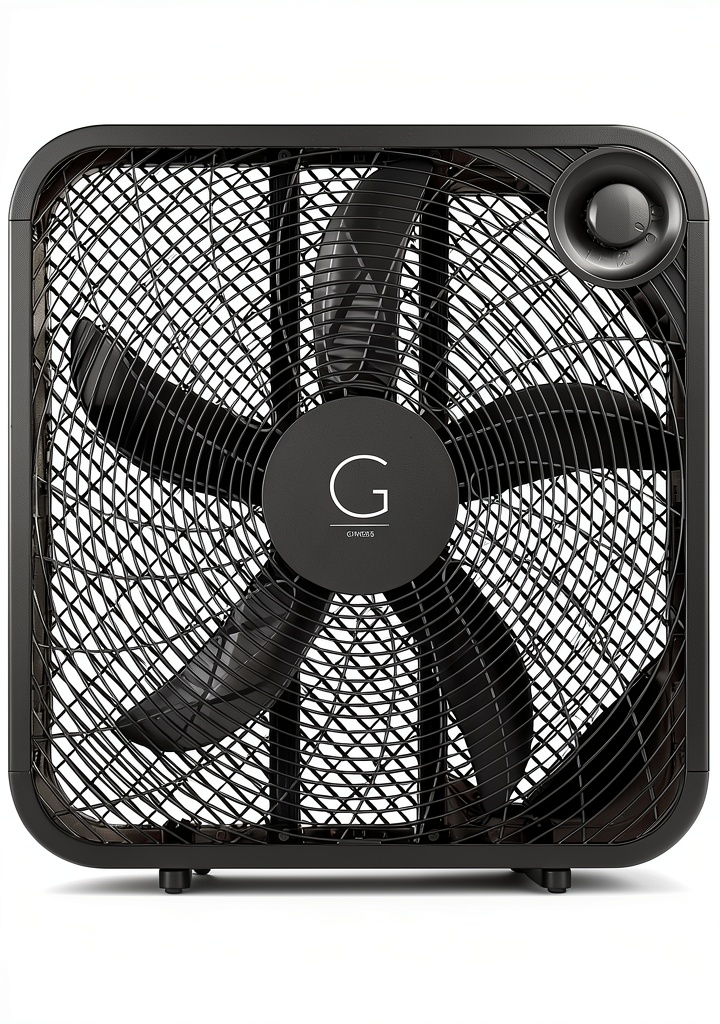 Genesis 20 inch black box fan placed in a bedroom setting