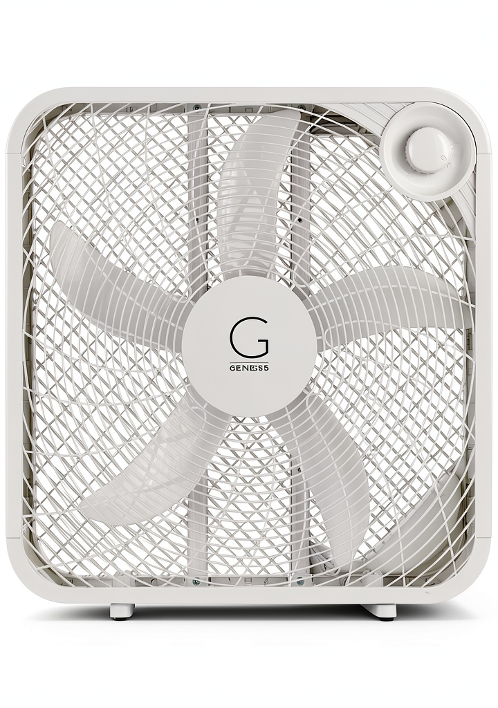 Genesis 20 inch white box fan placed in a bedroom setting
